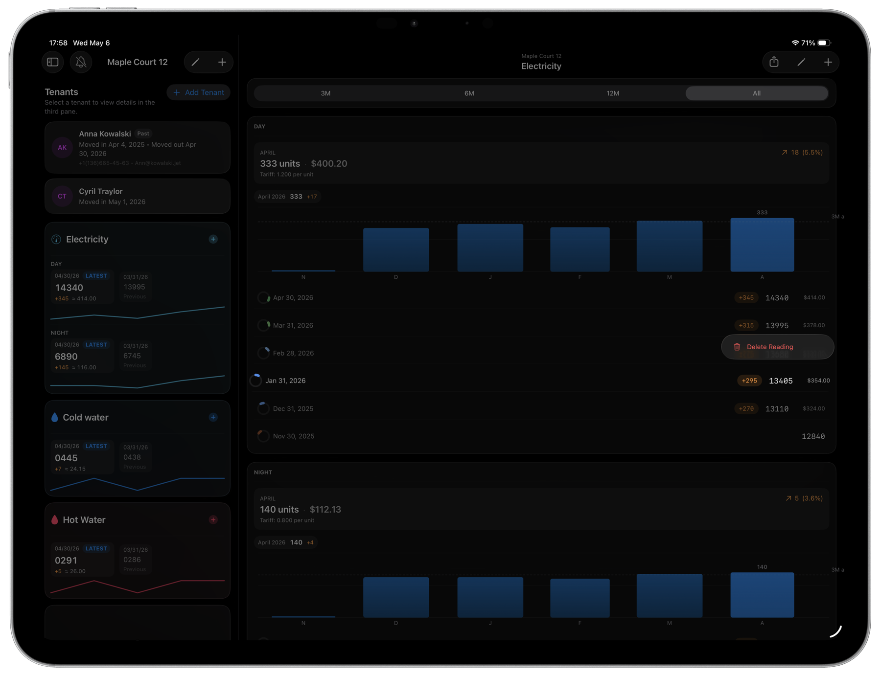 MetersMate running in iPad landscape orientation with property list and meter history